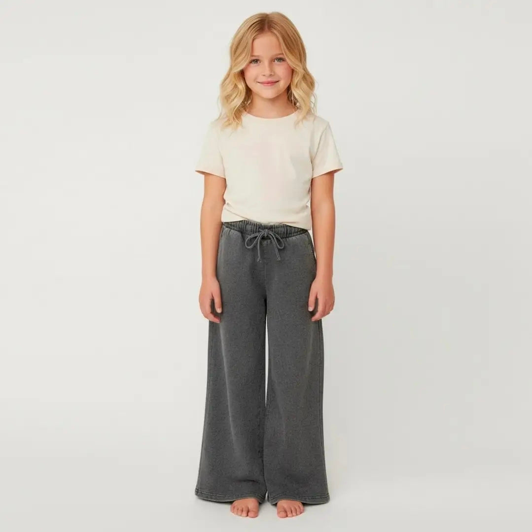 Girl's Mineral Washed Wide Leg Loungers Charcoal