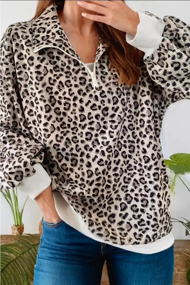 Leopard Corduroy 1/4 Zip Pullover