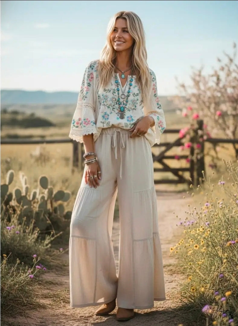 Linen Blend Wide Leg Palazzo Pants in Natural