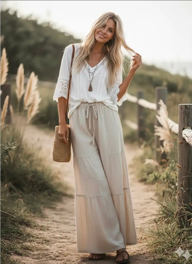 Linen Blend Wide Leg Palazzo Pants in Natural