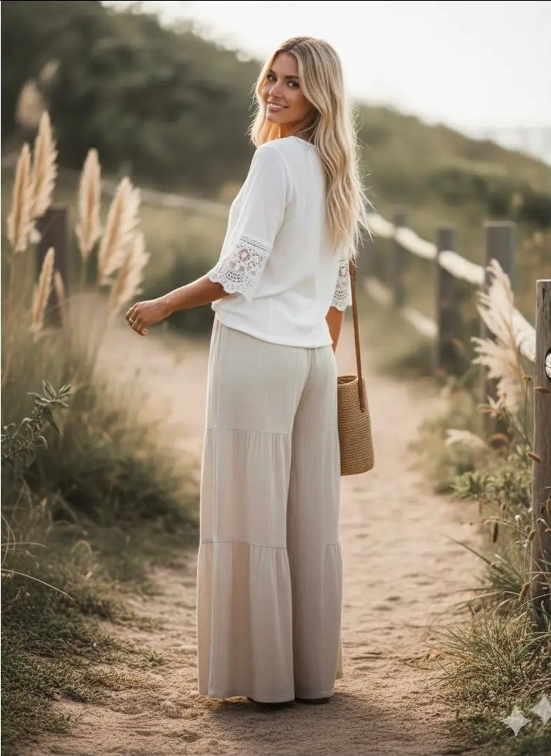 Linen Blend Wide Leg Palazzo Pants in Natural