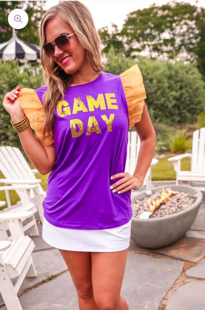 It's Game Day Sequin Patch Top Purple/Gold