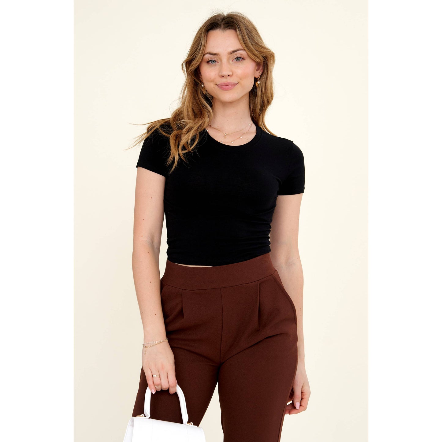 Short Sleeve Crew Neck Cotton Knit Cropped Top