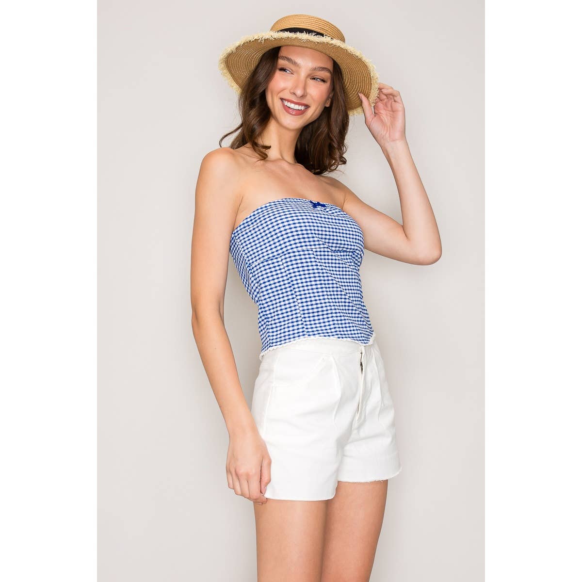 Gingham Seersucker Tube Top with Seamed Detail and Crochet T