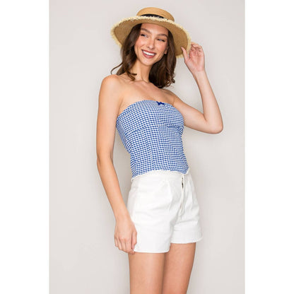 Gingham Seersucker Tube Top with Seamed Detail and Crochet T