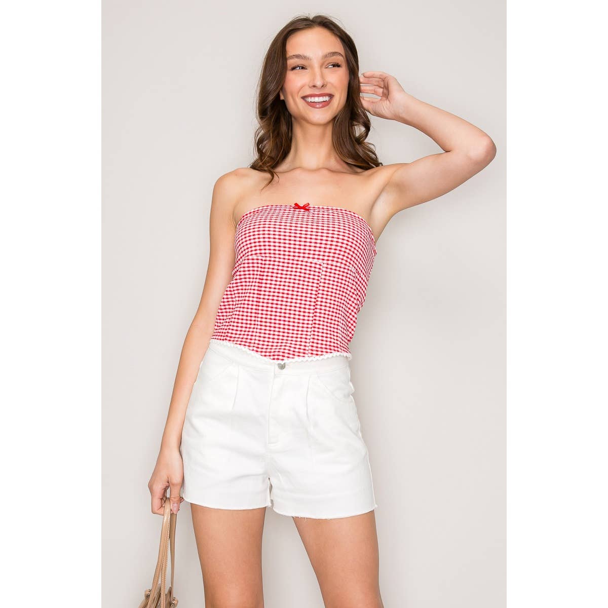 Gingham Seersucker Tube Top with Seamed Detail and Crochet T