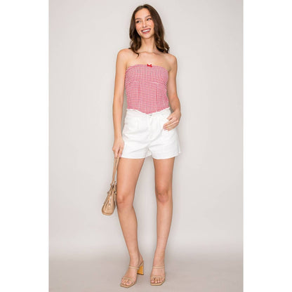 Gingham Seersucker Tube Top with Seamed Detail and Crochet T