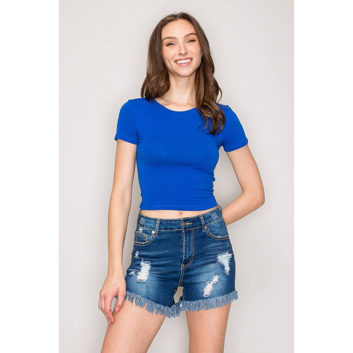 Short Sleeve Crew Neck Cotton Knit Cropped Top