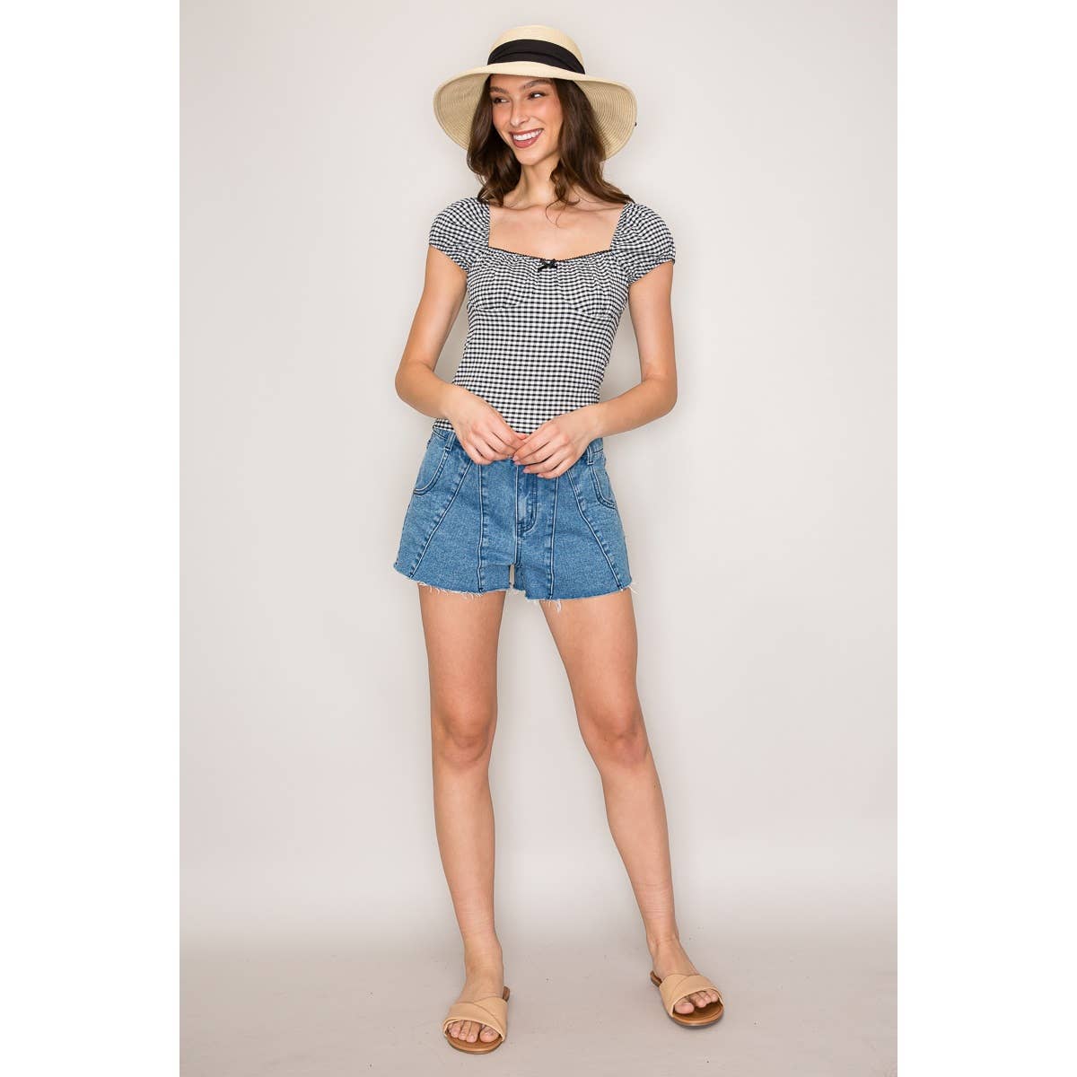 Gingham Seersucker Top with Puff Sleeves