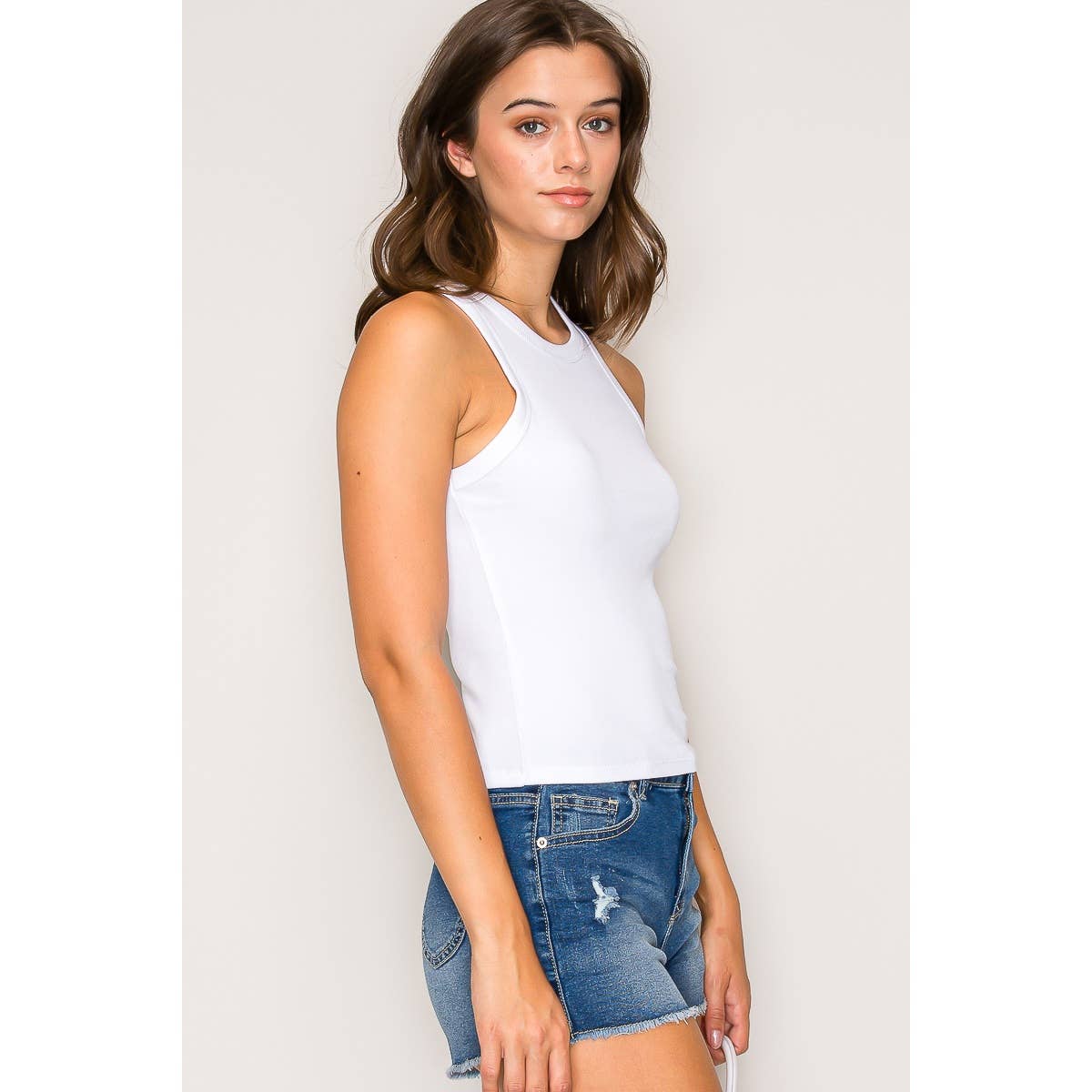 Crew Neck Sleeveless Rayon Rib Knit Tank Top