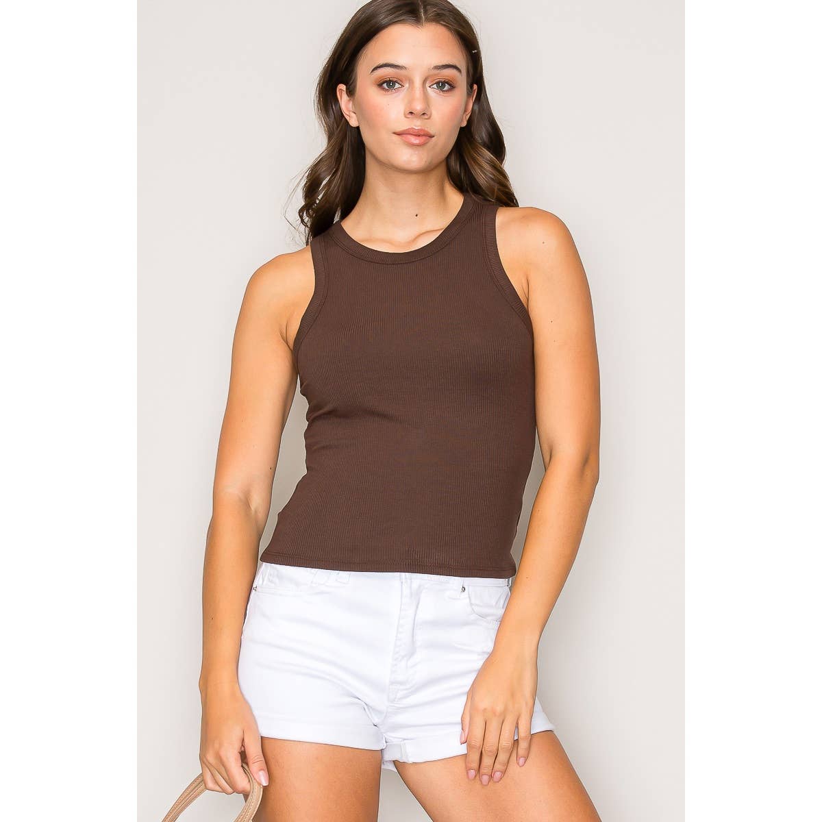 Crew Neck Sleeveless Rayon Rib Knit Tank Top