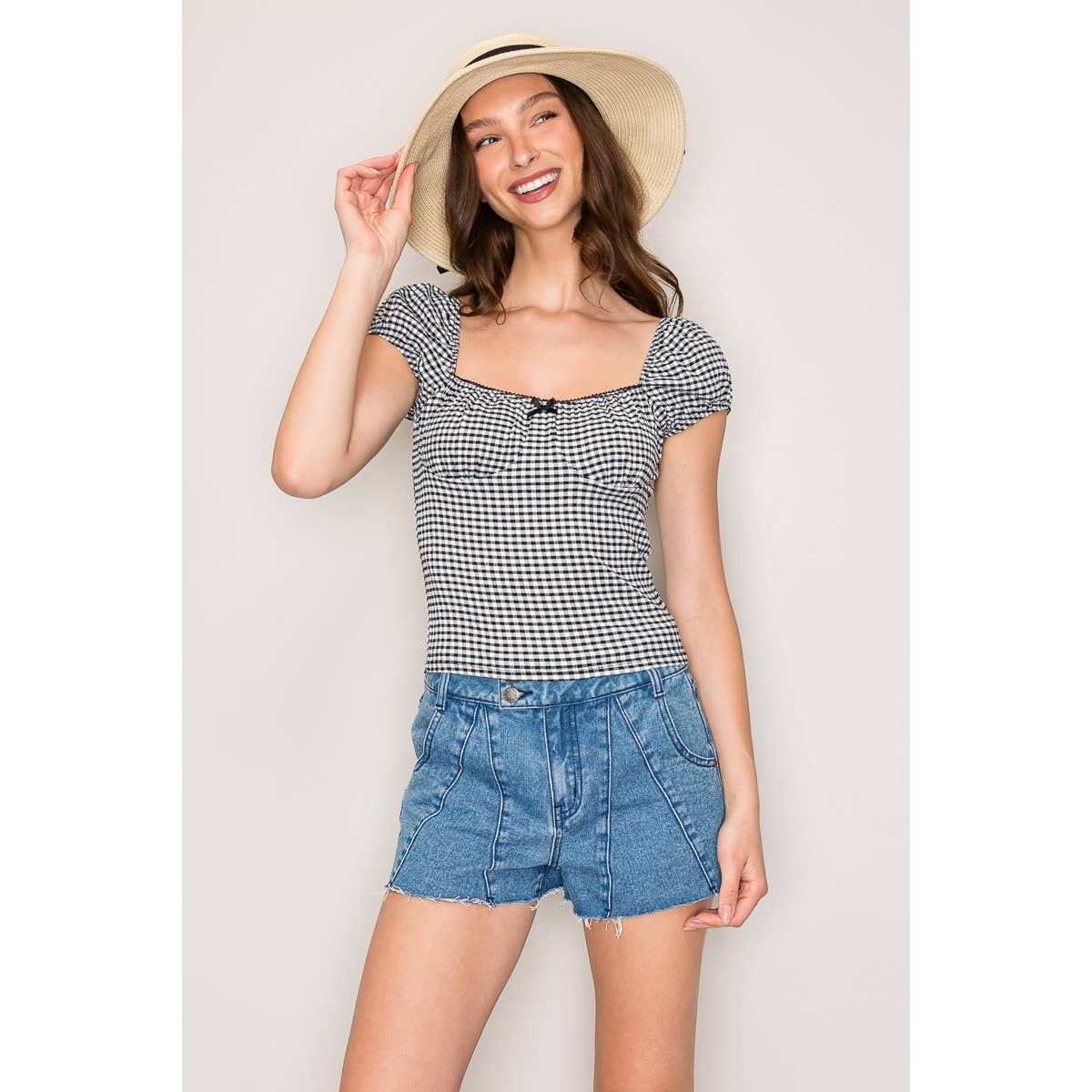 Gingham Seersucker Top with Puff Sleeves