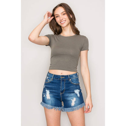Short Sleeve Crew Neck Cotton Knit Cropped Top