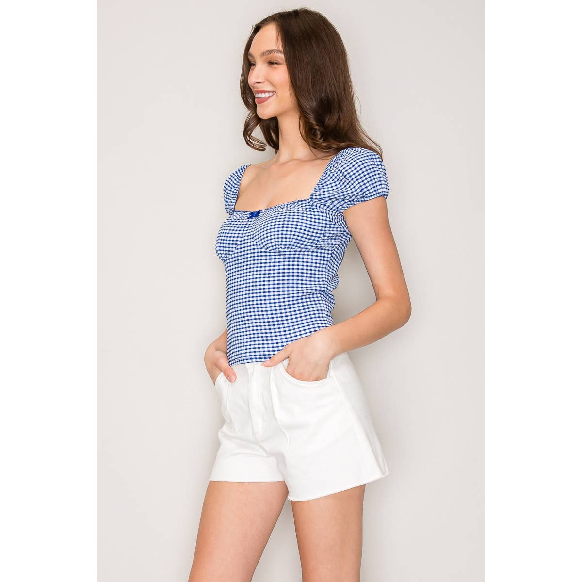 Gingham Seersucker Top with Puff Sleeves