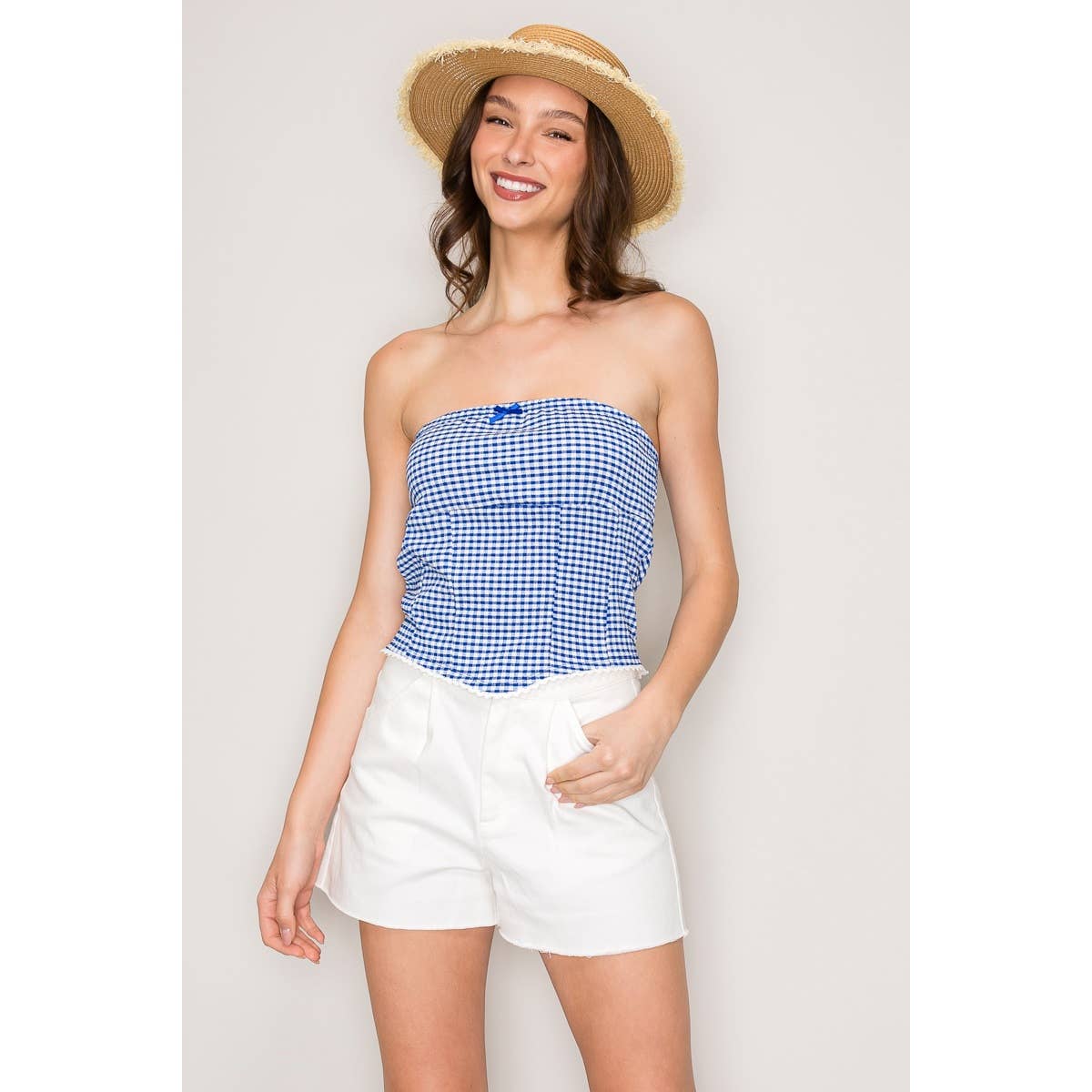 Gingham Seersucker Tube Top with Seamed Detail and Crochet T