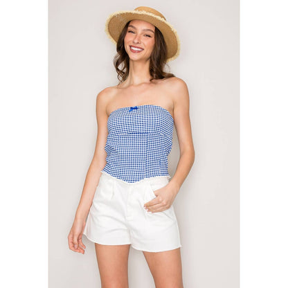 Gingham Seersucker Tube Top with Seamed Detail and Crochet T