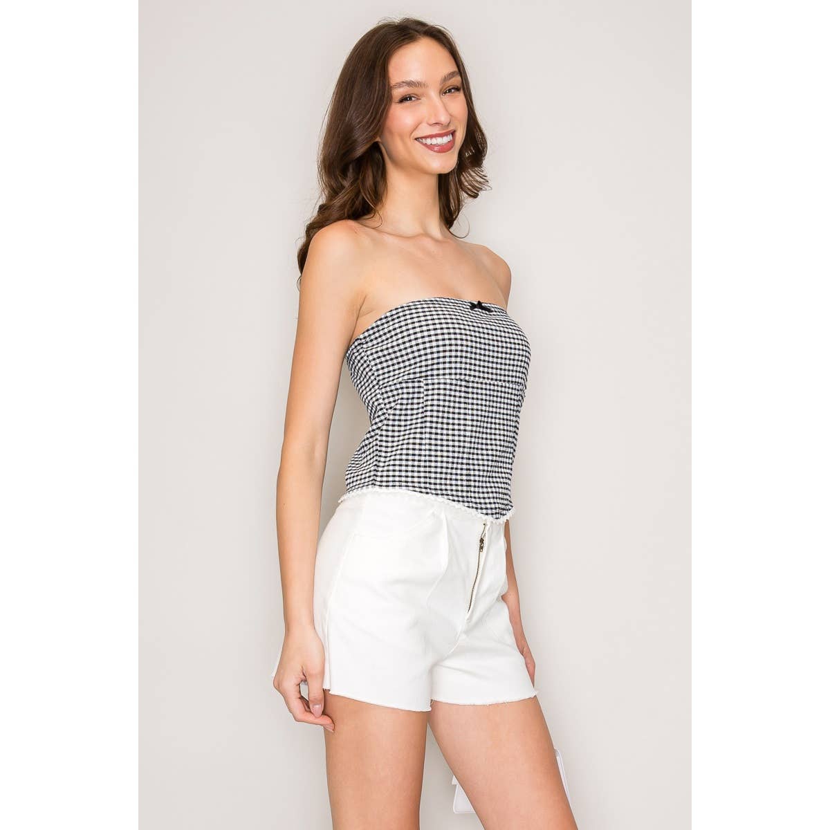 Gingham Seersucker Tube Top with Seamed Detail and Crochet T