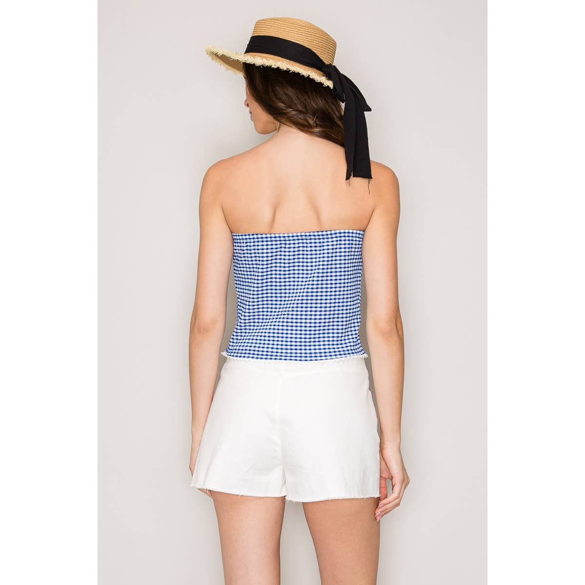 Gingham Seersucker Tube Top with Seamed Detail and Crochet T