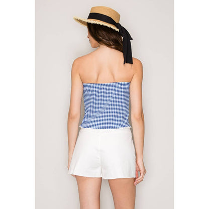 Gingham Seersucker Tube Top with Seamed Detail and Crochet T