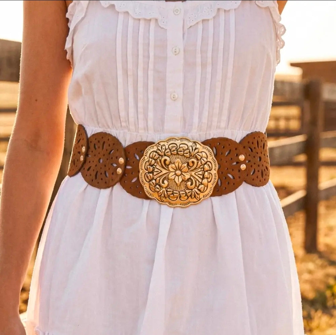 Embroidered Belt with Floral Buckle