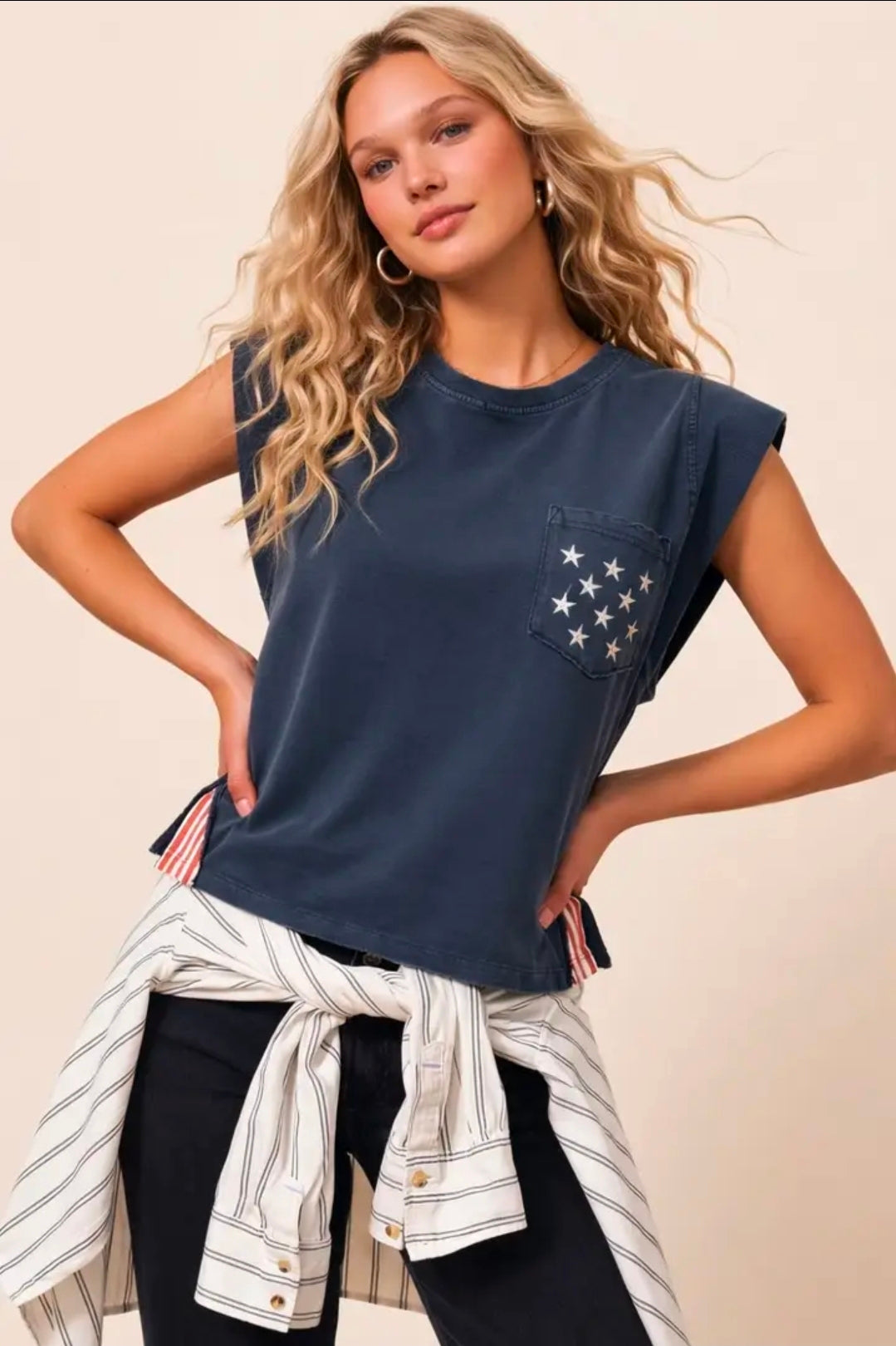 250th USA Star Pocket Side Stripe Muscle Tee