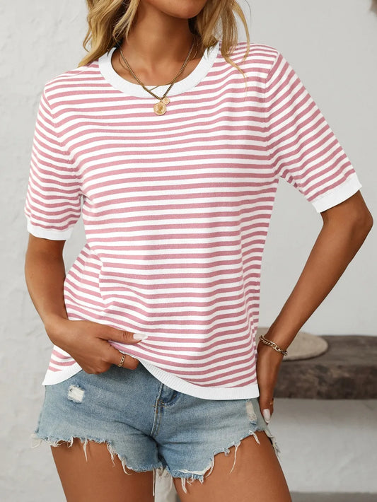 Mandy SS Striped Knit Top Dusty Rose