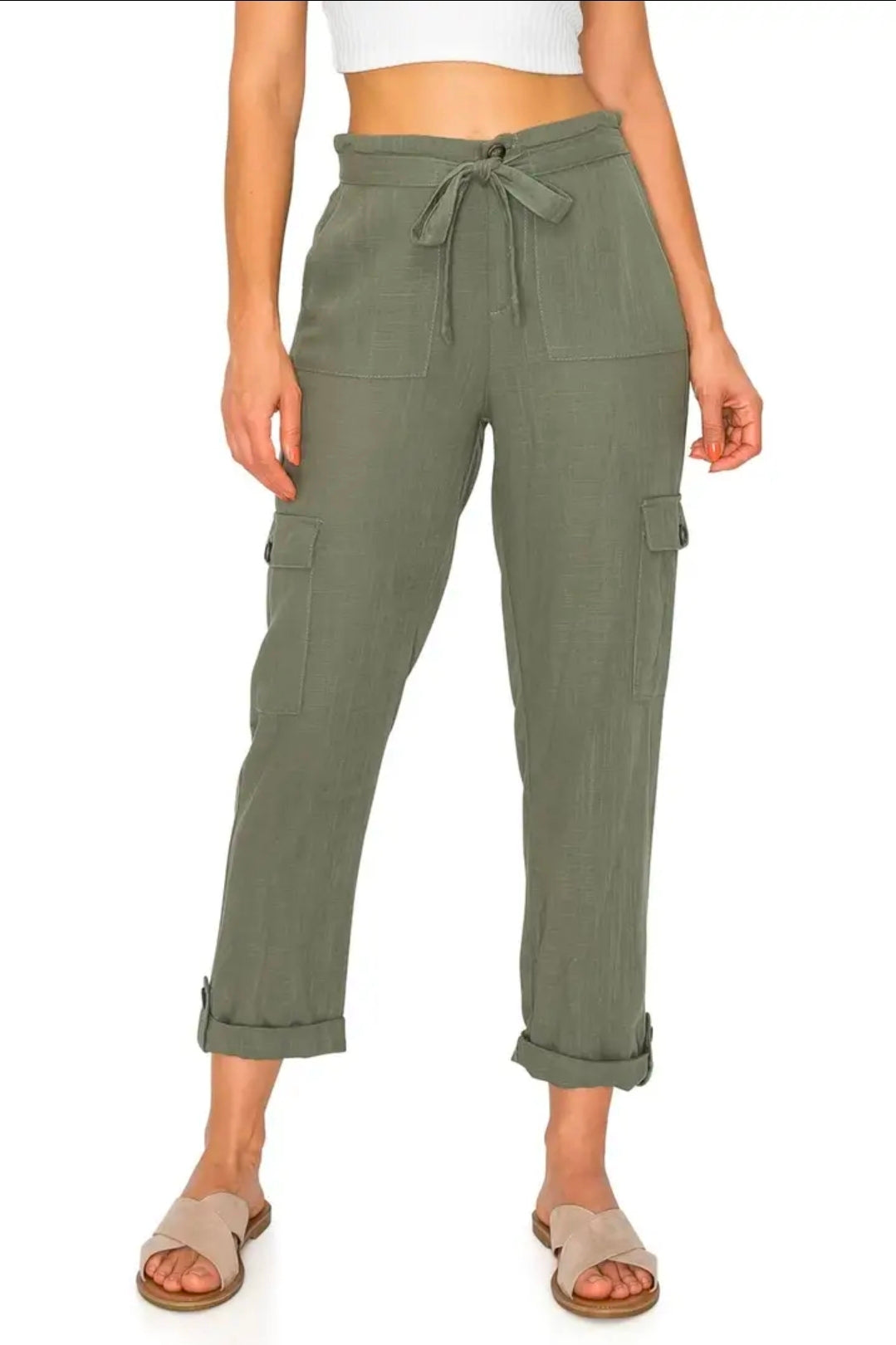 Colbie Linen Tie Waist Cargo Capris Olive