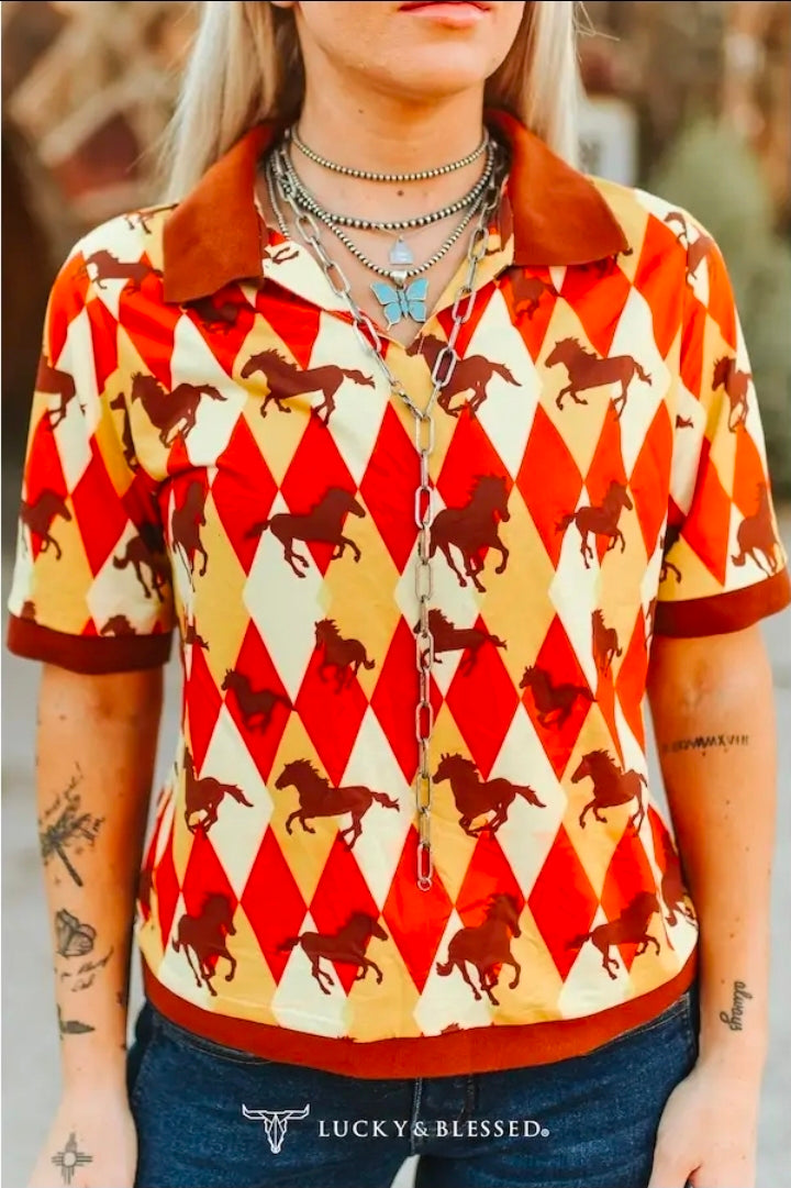 Diamond Checkered Running Horse Collared Top