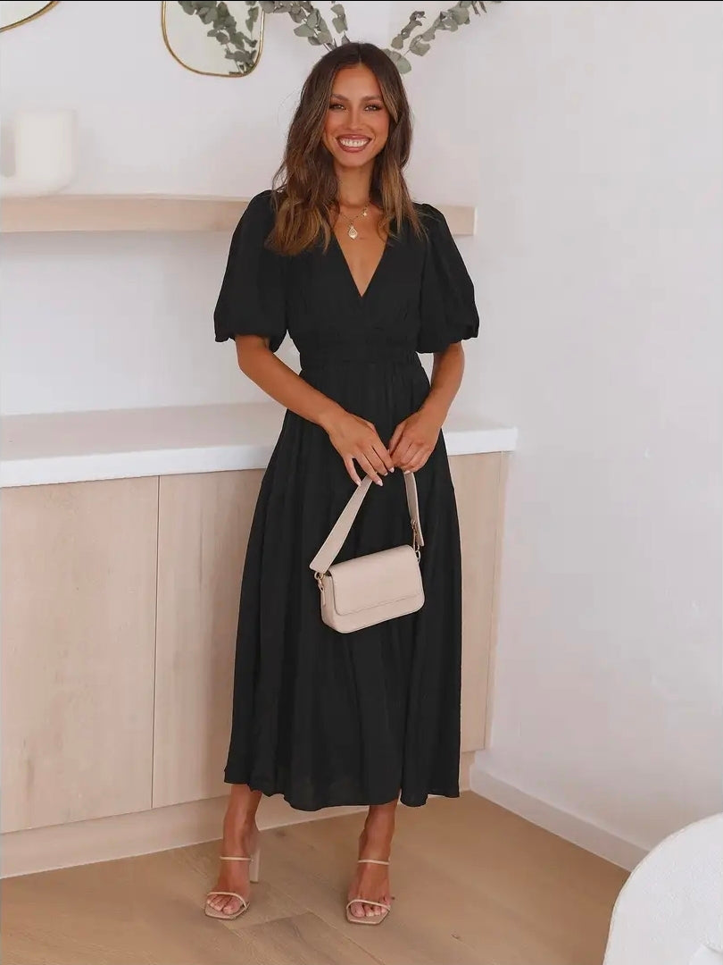 Elmas Vneck Midi Dress Black