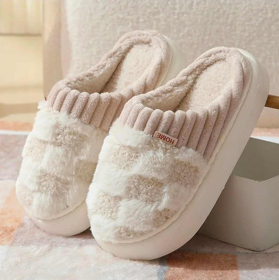 White/Taupe Checkered Slippers