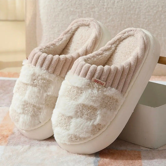 White/Taupe Checkered Slippers