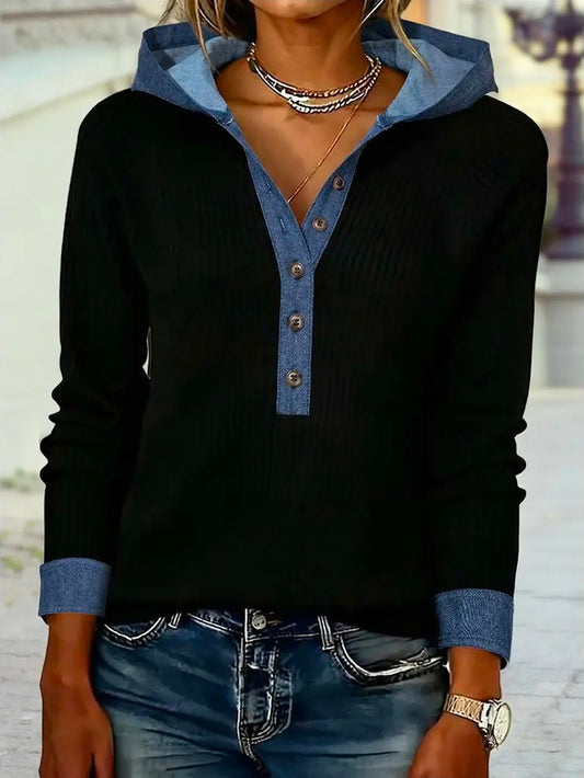 Tuesday Denim Trim Knit Hooded Top