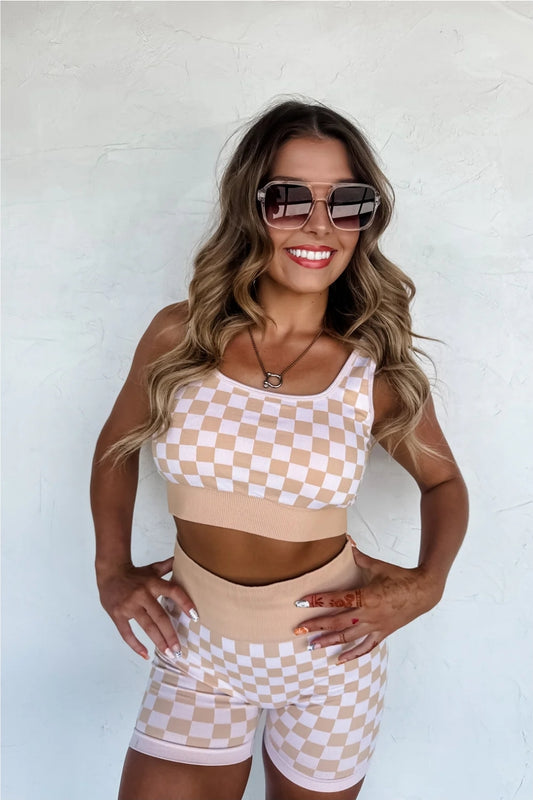 Checkered Bra/Biker Shorts Set Beige