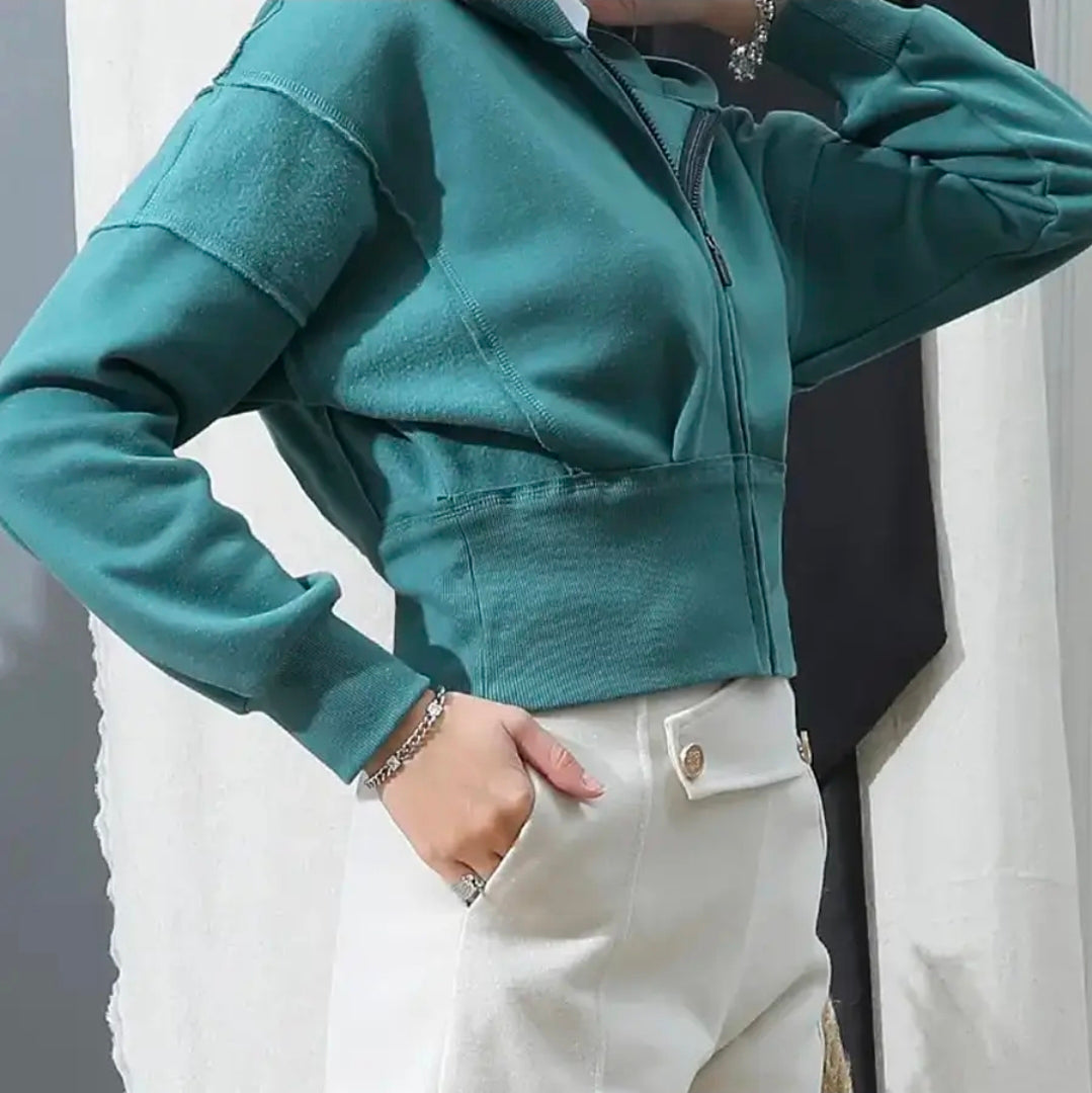 Teddie Cropped Zip Hoodie Teal