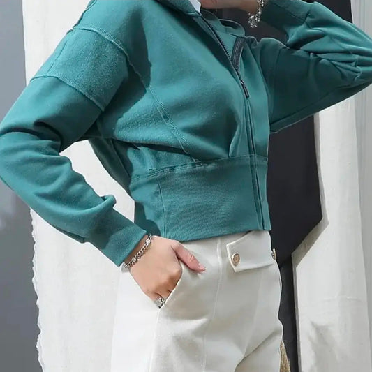 Teddie Cropped Zip Hoodie Teal