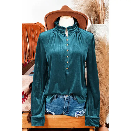 Teal Velvet Frilled Buttoned Top