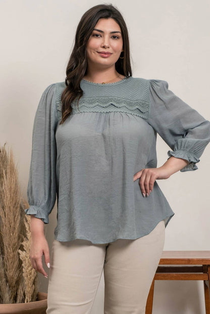 Plus Size Balloon Sleeve Lace Trim Blouse