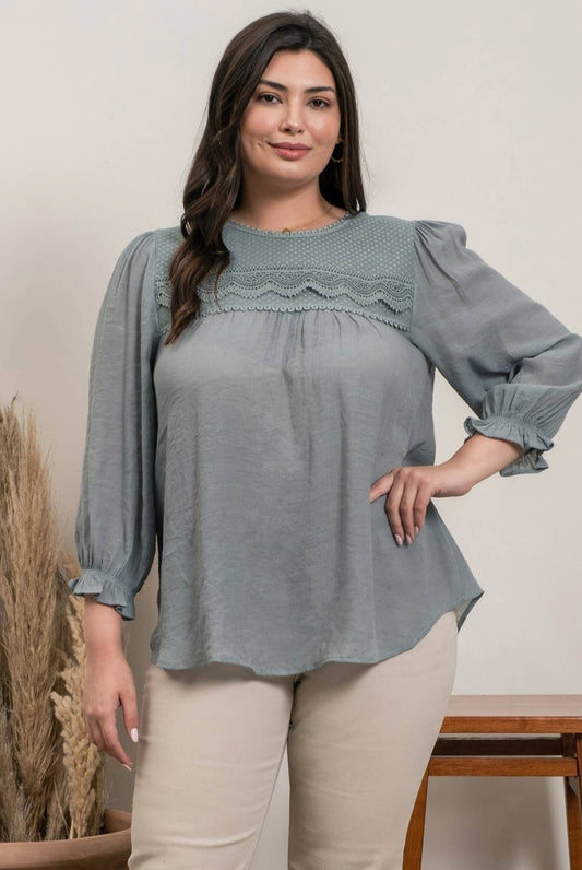 Plus Size Balloon Sleeve Lace Trim Blouse