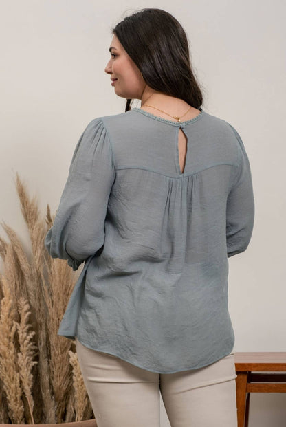 Plus Size Balloon Sleeve Lace Trim Blouse