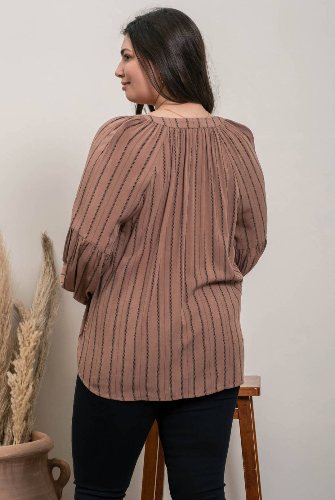 Plus Size Mocha Stripe Peasant Top