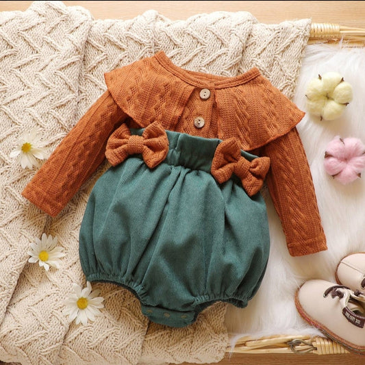 Cable Knit and Corduroy Bowknot Baby Romper