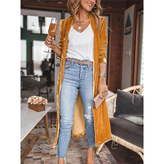 S GREEN Loose-Fitting Gold Velvet Stretch Long Cardigan by Boho Client